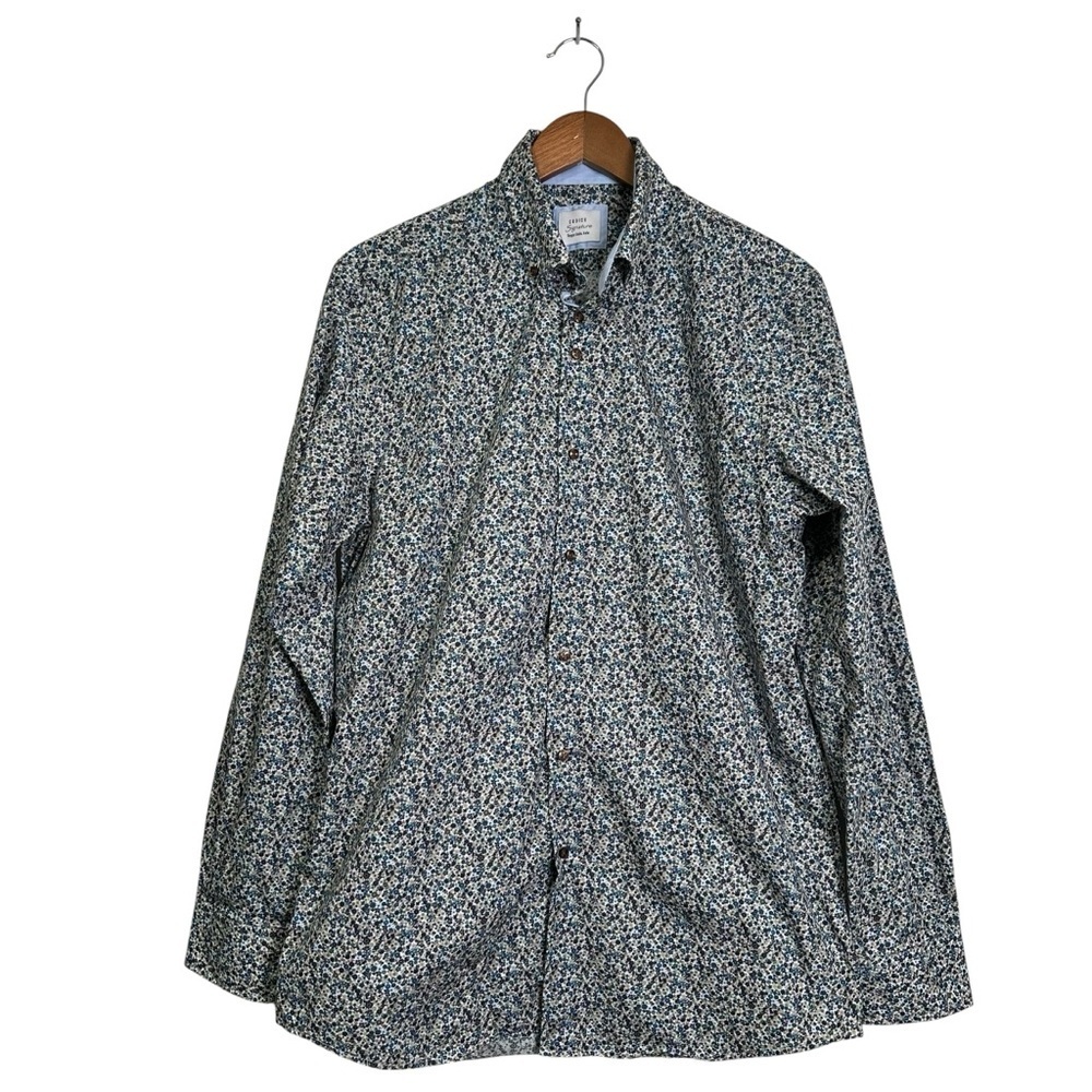 Codice Men’s Large 100% Cotton Blue Floral Long Sleeve Button Down Dress Shirt